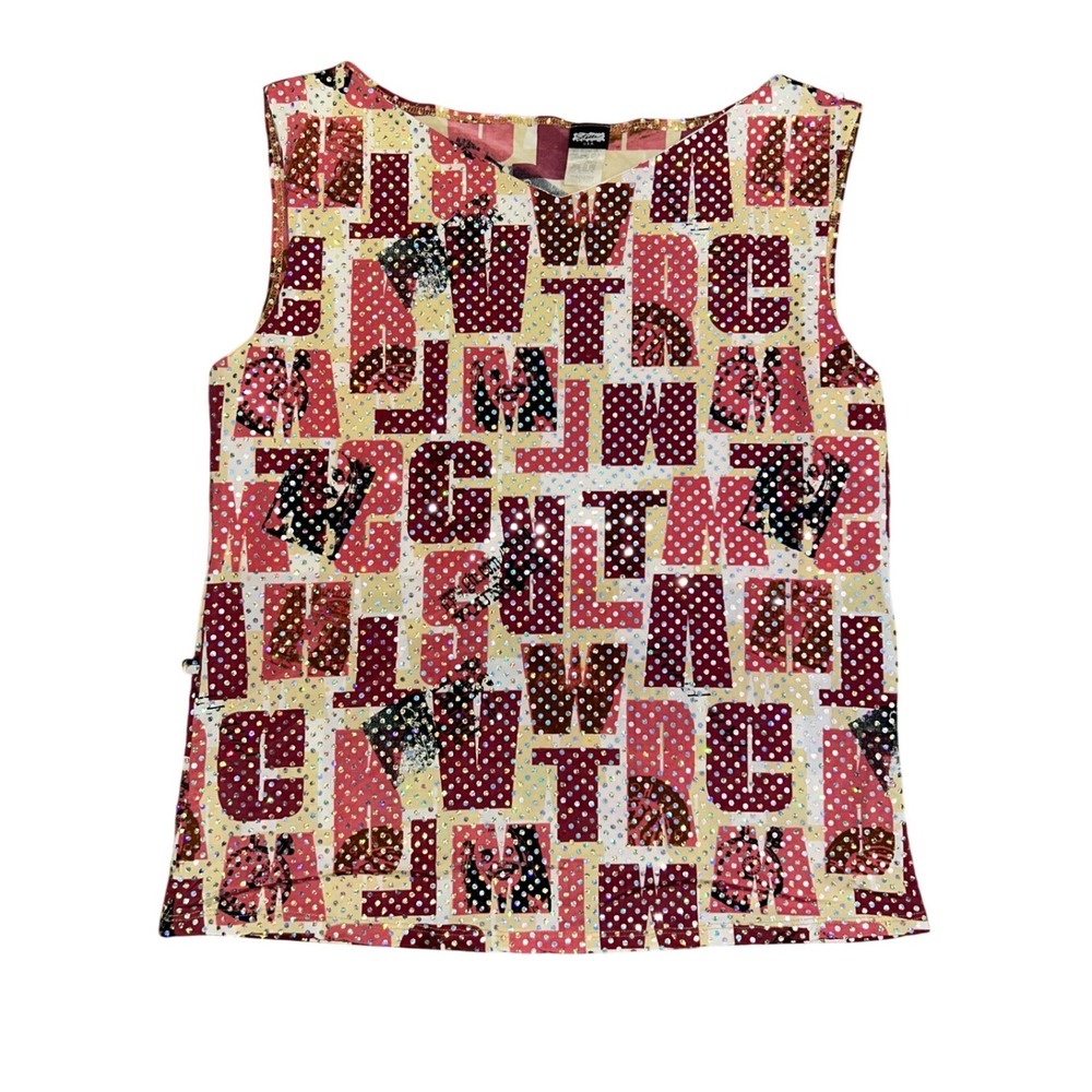 Vintage letter Print graphic Sequin Sleeveless Top Red Pink